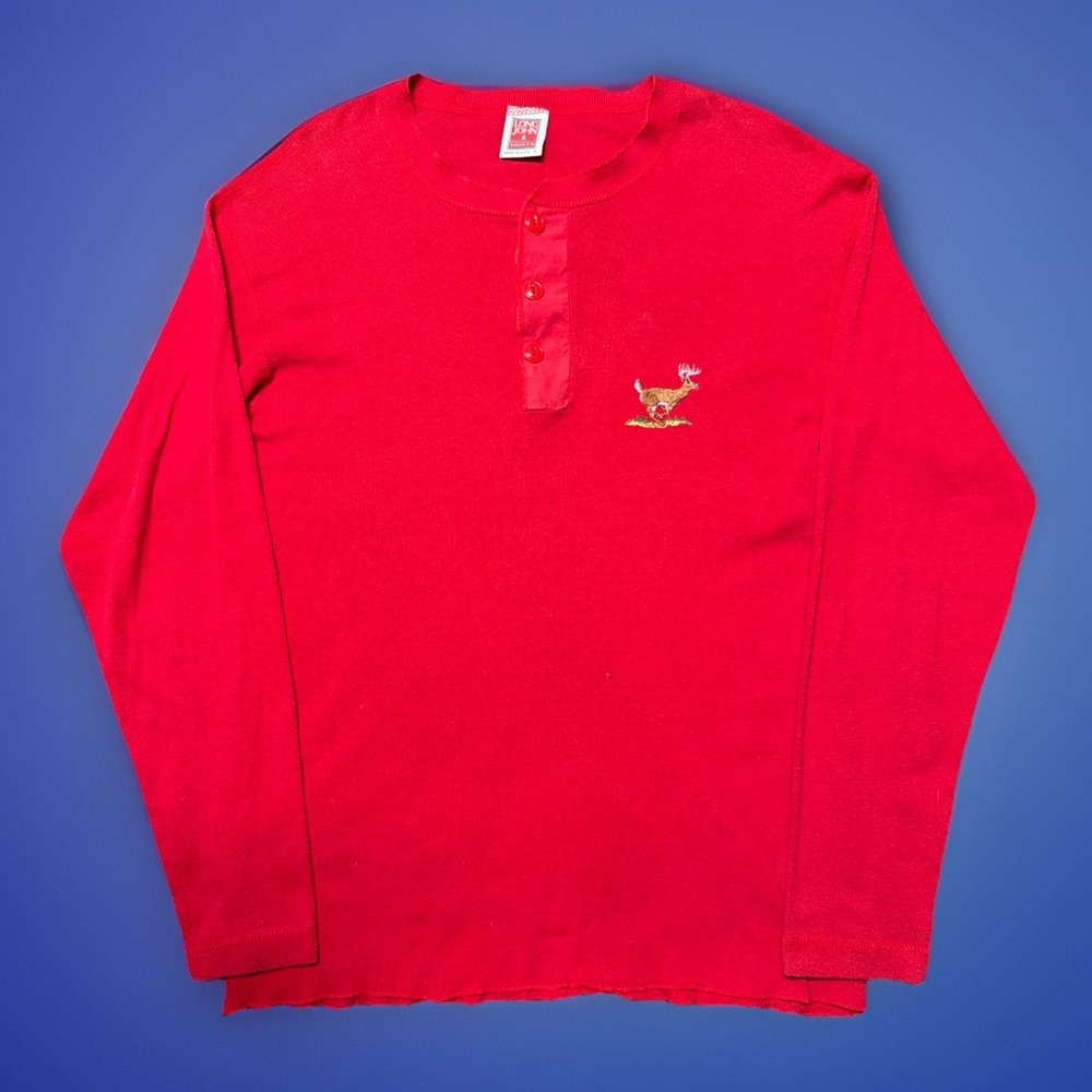 Vintage Made In USA Red Thermal Long John Button Collar Long Sleeve Henley L‎